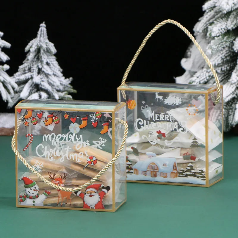 Portable Christmas PET Transparent Packaging Box for Baked Goods Candy Caramels Cookies Gift Box with Snowflake Design