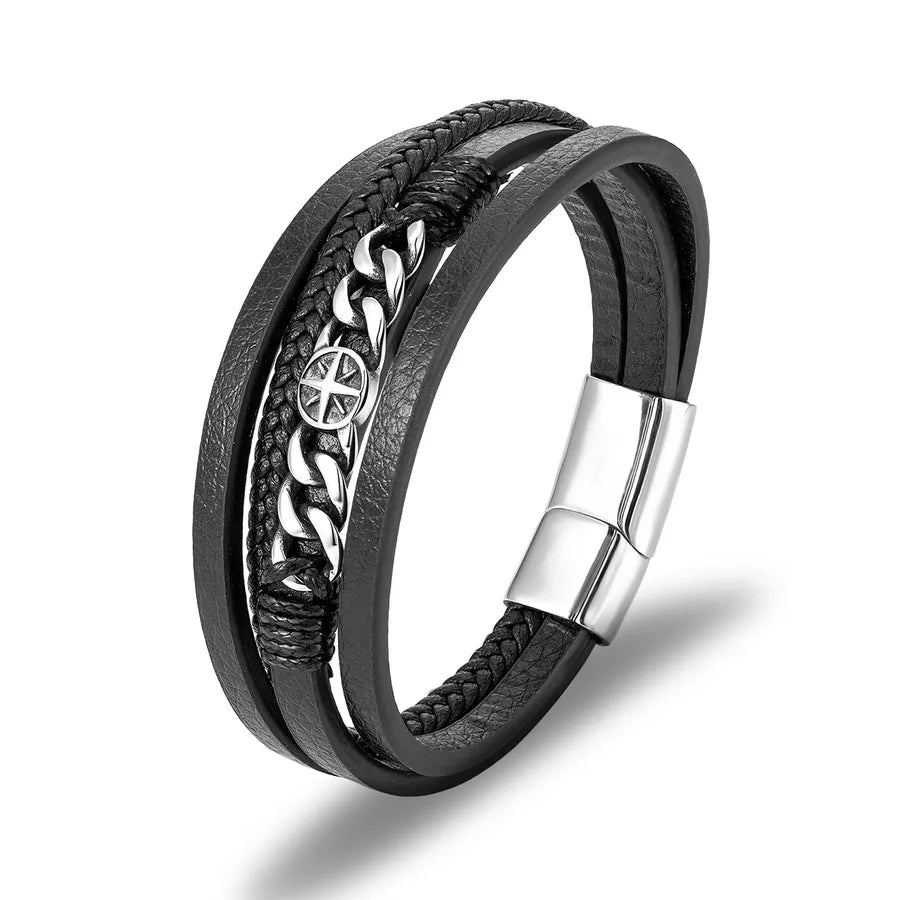 Retro Punk Geometric Pu Leather Titanium Steel Men's wristband Men Cord & Leather Bracelets