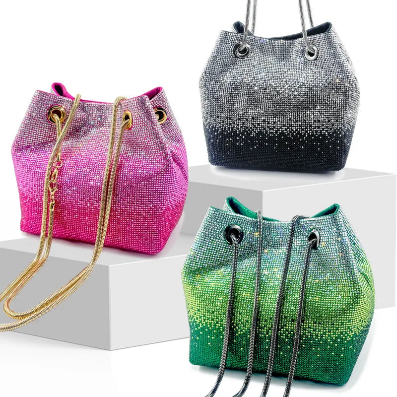 Green Pink Pu Leather Gradient Color Rhinestone Bucket Evening Bags