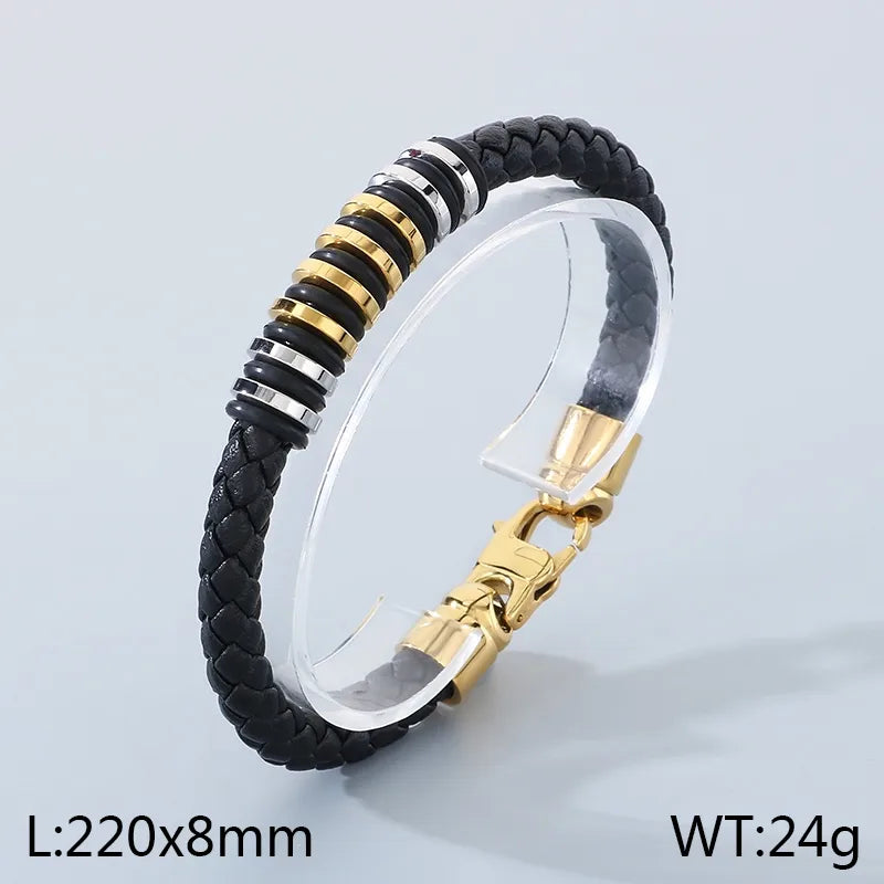 Business Geometric 304 Stainless Steel 18K Gold Plated Men's Bangle Men Cord & Leather Bracelets