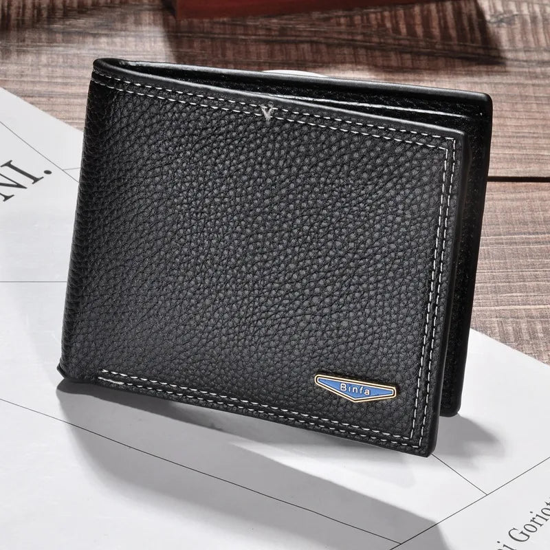 New Men's Double Line Loose-leaf Hardware Label Short Wallet Litchi Pattern Multi-card Horizontal Wallet Middle-aged and Young People's Wallet