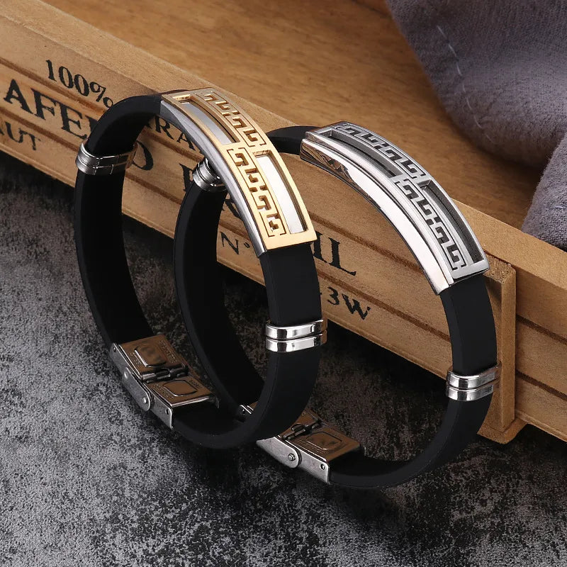 Retro Punk Geometric Silica Gel Titanium Steel Men's Bracelets Men Cord & Leather Bracelets