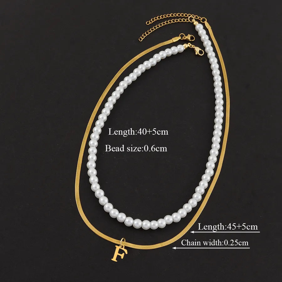 Casual Elegant Simple Style Letter 201 Stainless Steel 304 Stainless Steel Artificial Pearl Beaded Chain snake chain Layered Necklaces Wholesale