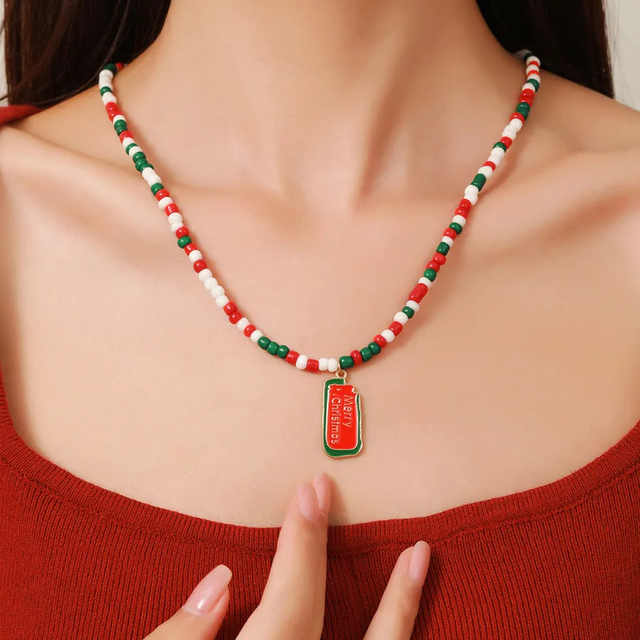 Christmas Themed Double Layered Necklace With Santa Claus Design Glass Beads Clavicle Chain Jewelry Accessory For Unisex Use