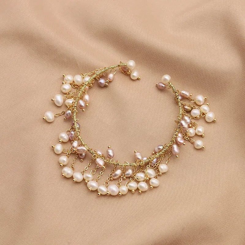 retro round freshwater pearl copper patchwork plating 18k gold plated bracelets