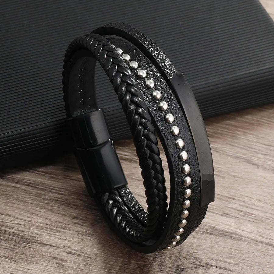 Retro Geometric Pu Leather Layered Unisex Bracelets Men Cord & Leather Bracelets