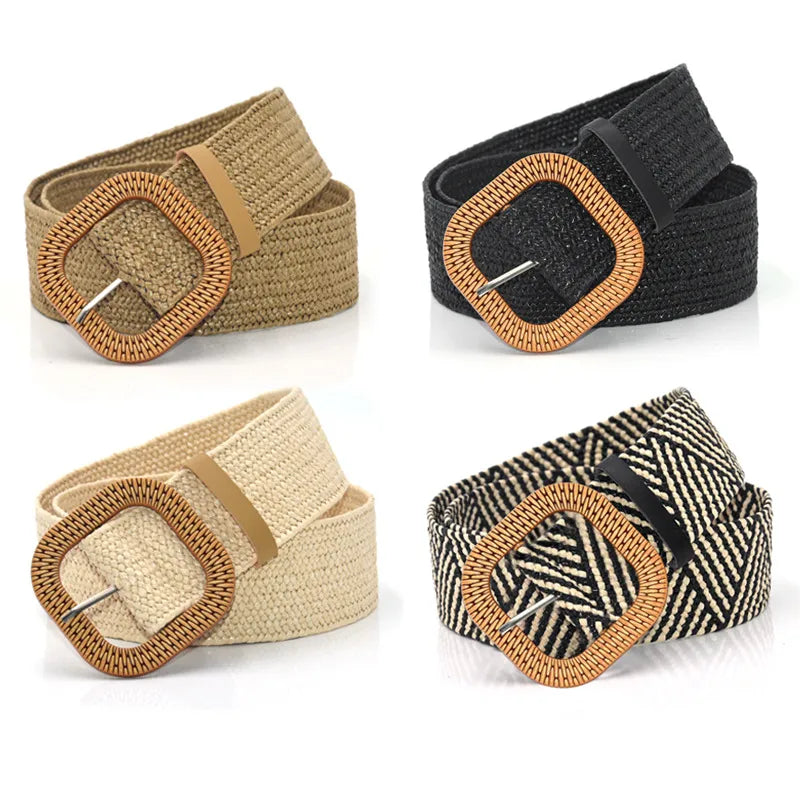 Simple fashion straw elastic waist girdle women's accessories dress body shaping belt wooden buckle waist girdle