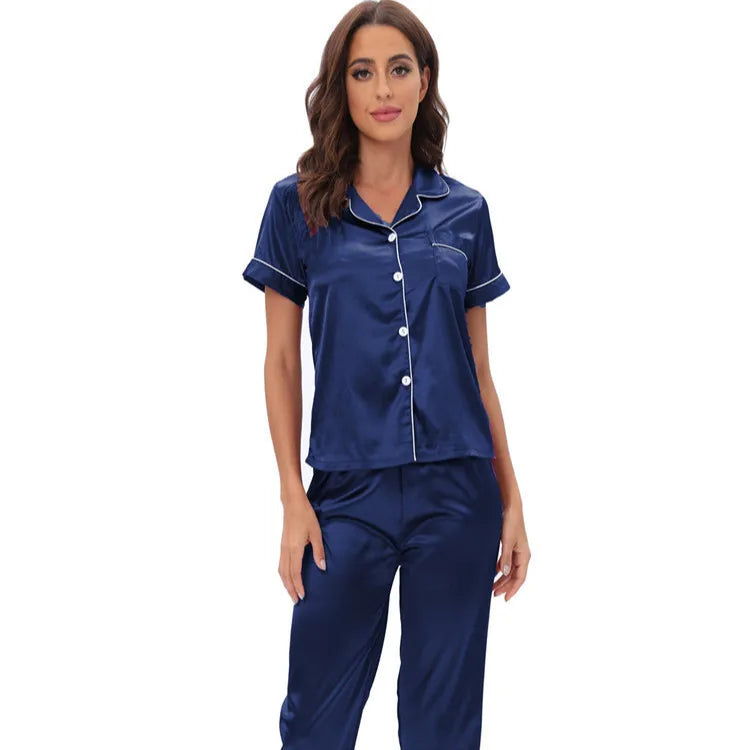 Middle East Europe Women's Home Clothes Two-Piece Set Color Silk Set Sleepwear Casual Luxury Summer Polyester Fabric