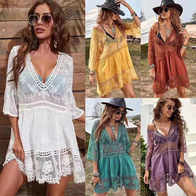 Women's Vacation V Neck Half Sleeve Solid Color Flower Holiday Beach