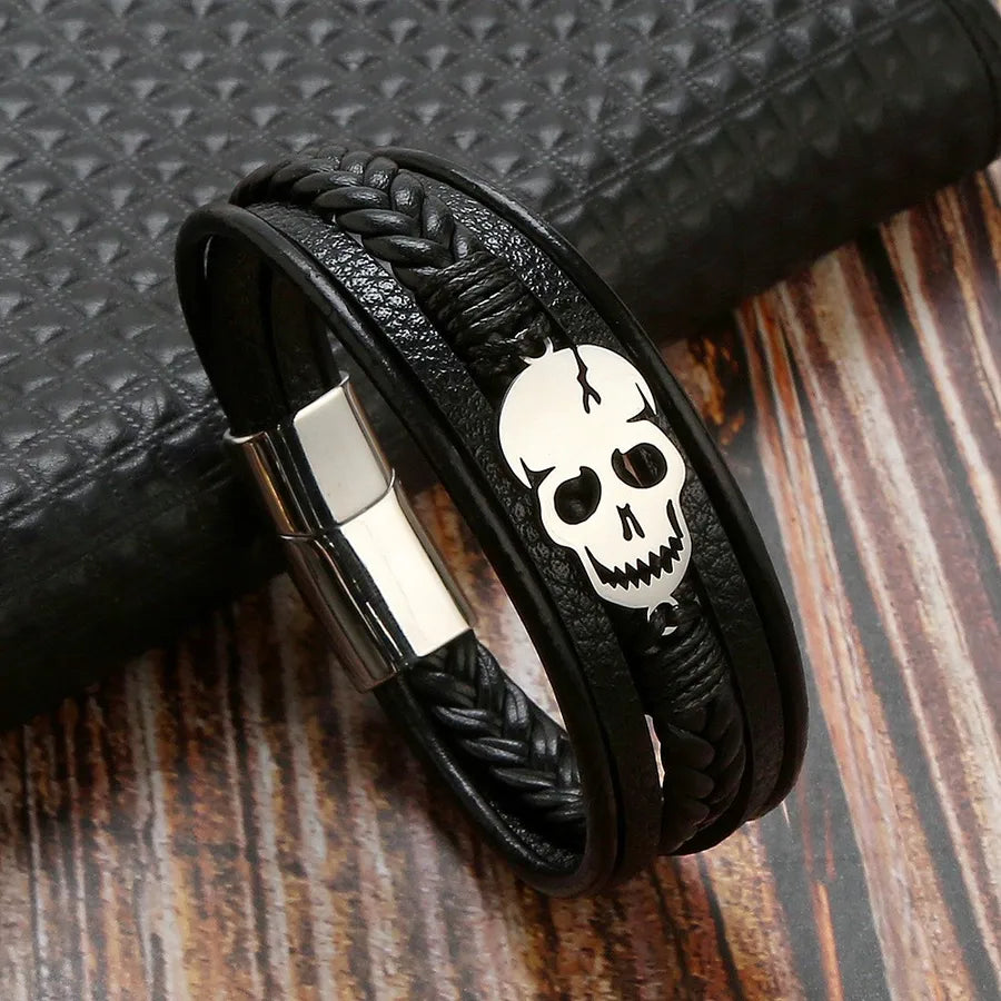 Punk Skull 304 Stainless Steel Pu Leather Braid Halloween Men'S Bracelets