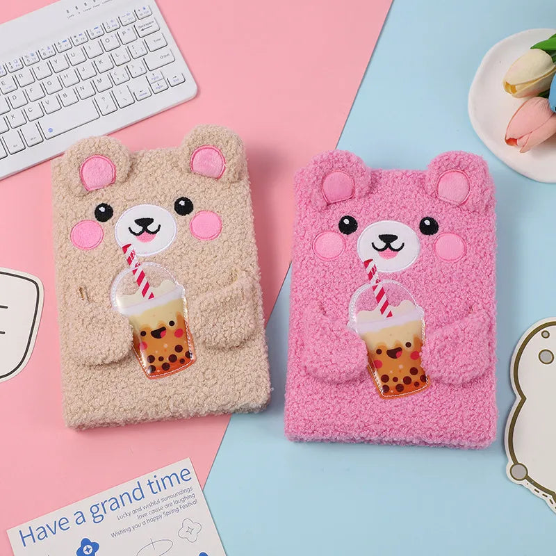 Adorable Bear Plush Notebook Cartoon Children's Soft Toy Journal Holiday Gift Handmade Book Light Brown And Pink Colors