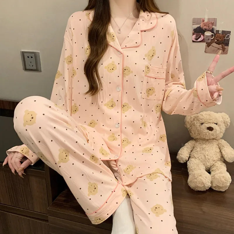 Sweet Girl Heart Print Open Cardigan Sleepwear Long Sleeve Crepe Home Clothes Set Spring New Style Casual Breathable Polyester