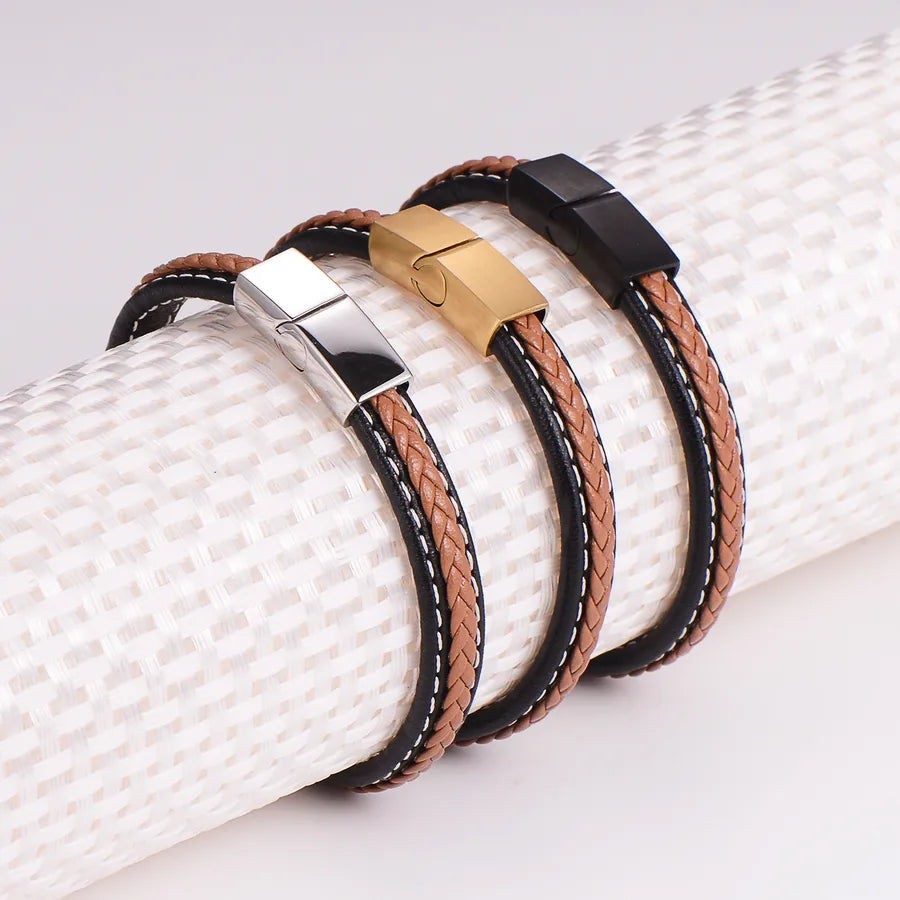 Casual Hip-Hop Vintage Style Round 304 Stainless Steel Leather Men's Bangle