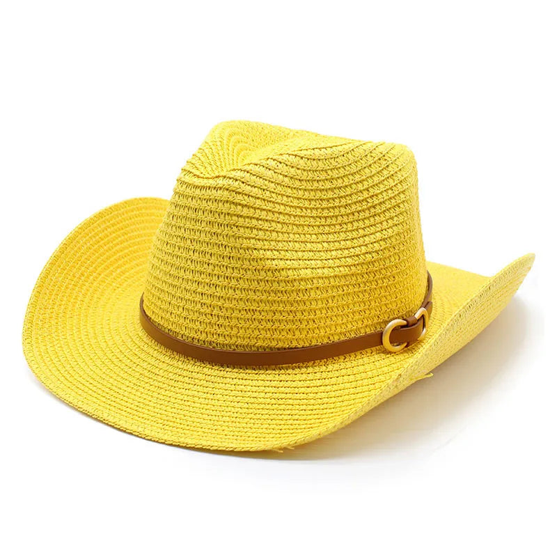 women's cowboy style solid color flat eaves straw hat