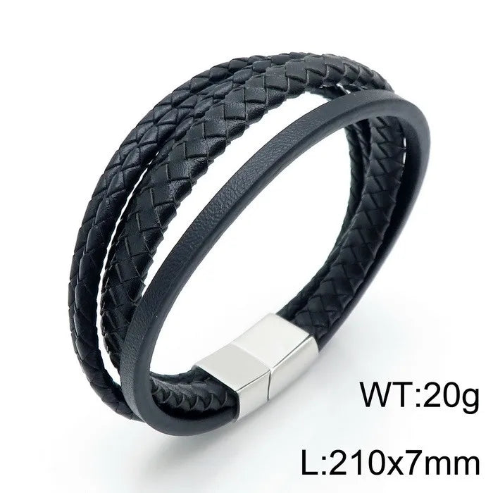 punk classic style streetwear geometric stainless steel pu leather men's bangle