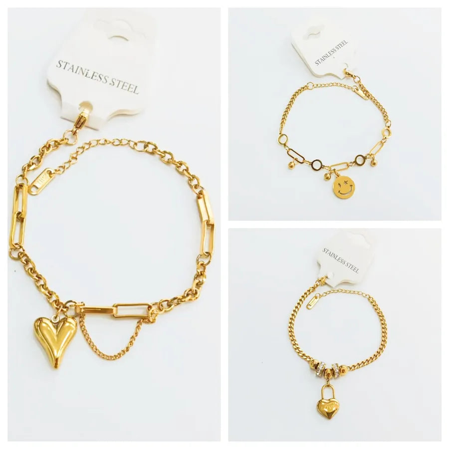 Casual Elegant Simple Style Love Heart Shape Smiley Face 304 Stainless Steel Zircon Paperclip Chain cable chain Bracelets In Bulk