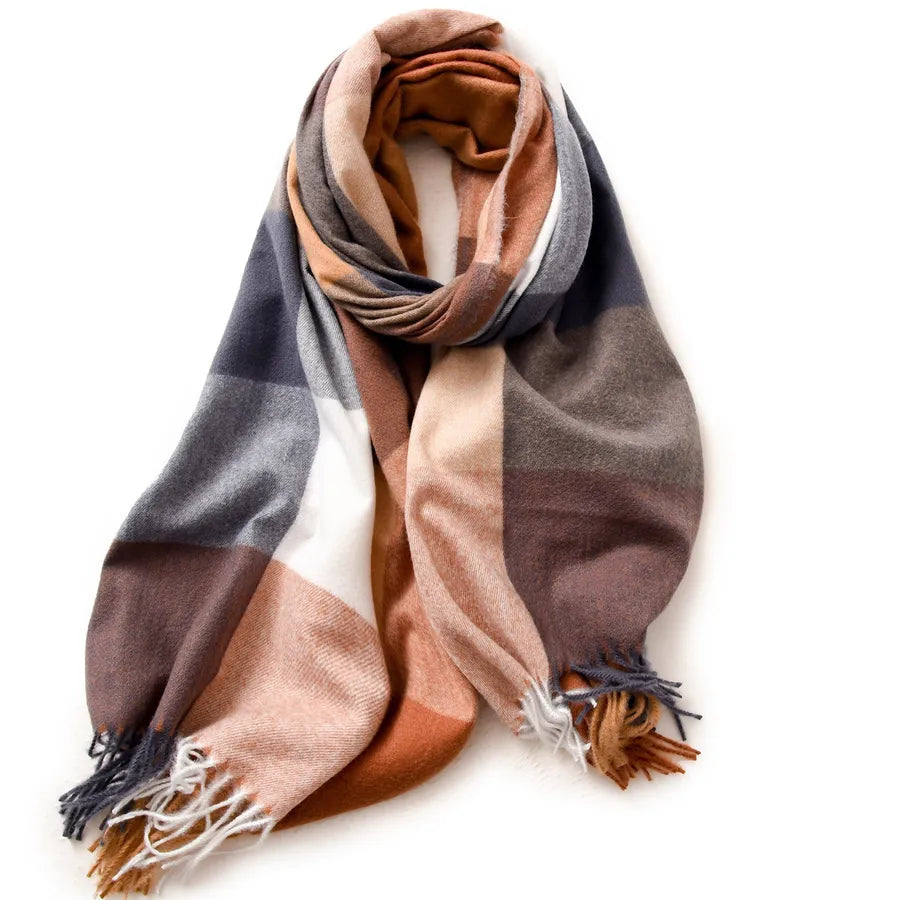 women's retro plaid imitation cashmere tassel winter scarves