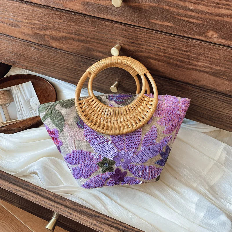 PVC Sequin Straw Bag High-end Niche Embroidered Bucket Bag Women's Bag Linen Bamboo Handbag Beach Bag