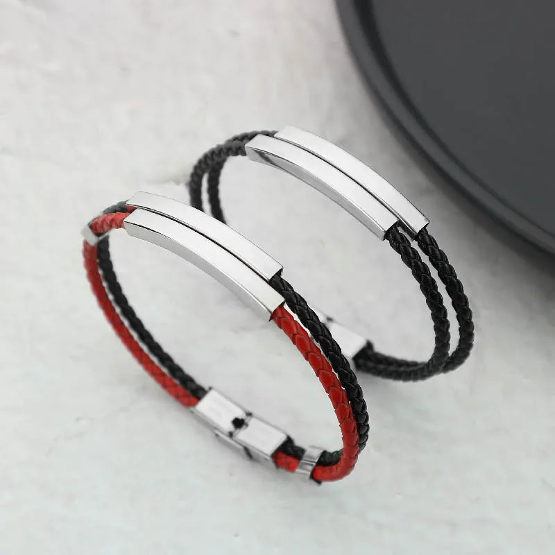 Retro Classic Style Geometric Customization Laser Engraving Pu Leather Titanium Steel Polishing Men's Bracelets Men Cord & Leather Bracelets