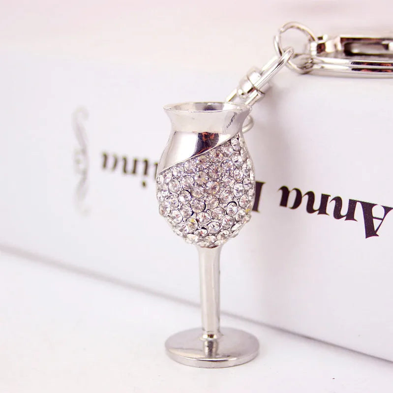 creative diamond-studded goblet keychain red wine glass key chain metal pendant