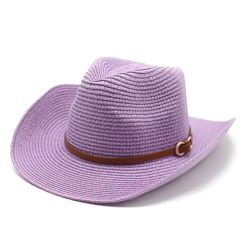 women's cowboy style solid color flat eaves straw hat