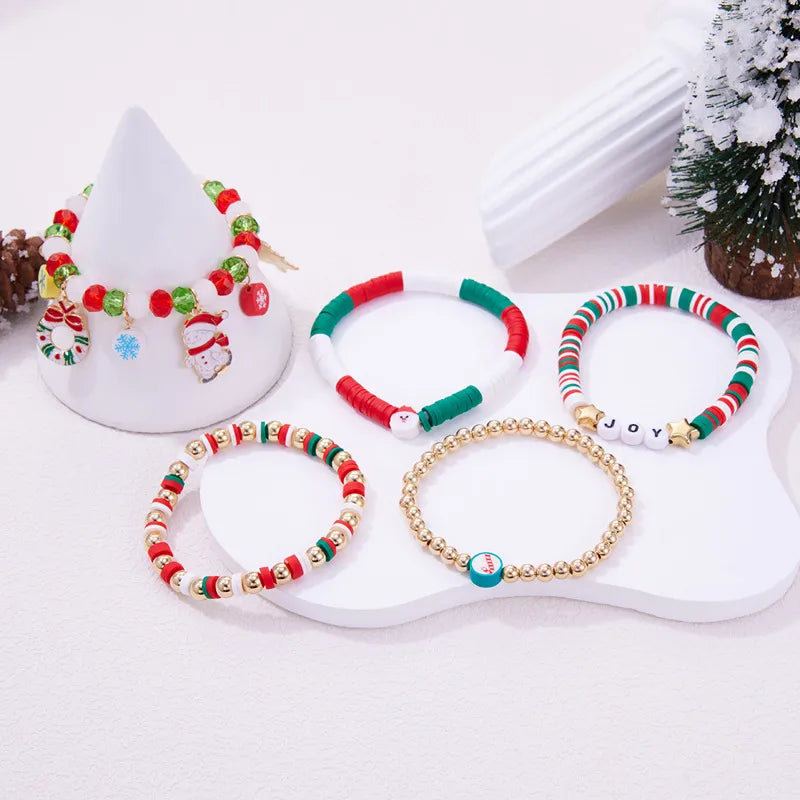 Christmas Theme Bracelet Set Santa Claus Christmas Tree Flower Ring Snowflake Cane Candy Crystal Beads Festival Jewelry