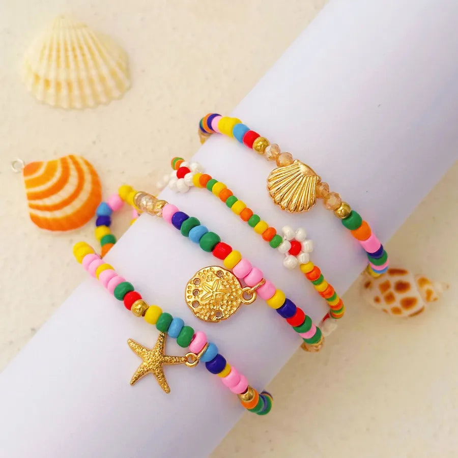 Bohemian Vacation Style Alloy Starfish Scallop Mixed Color Rice-Shaped Beads Stringed Beads Anklet Suit Beach Chain Summer