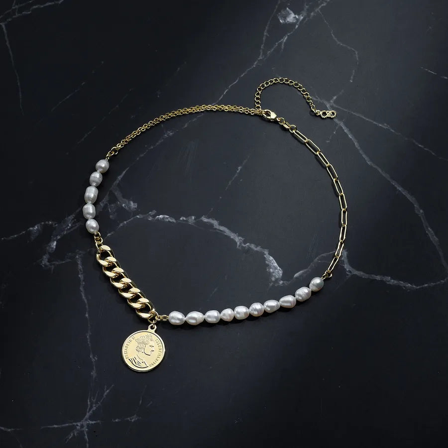 Freshwater Pearl Copper Long-Lasting Plated Freshwater Pearl Cuban Link Chain Curb Chain Plating Portrait Geometric Pendant Necklace