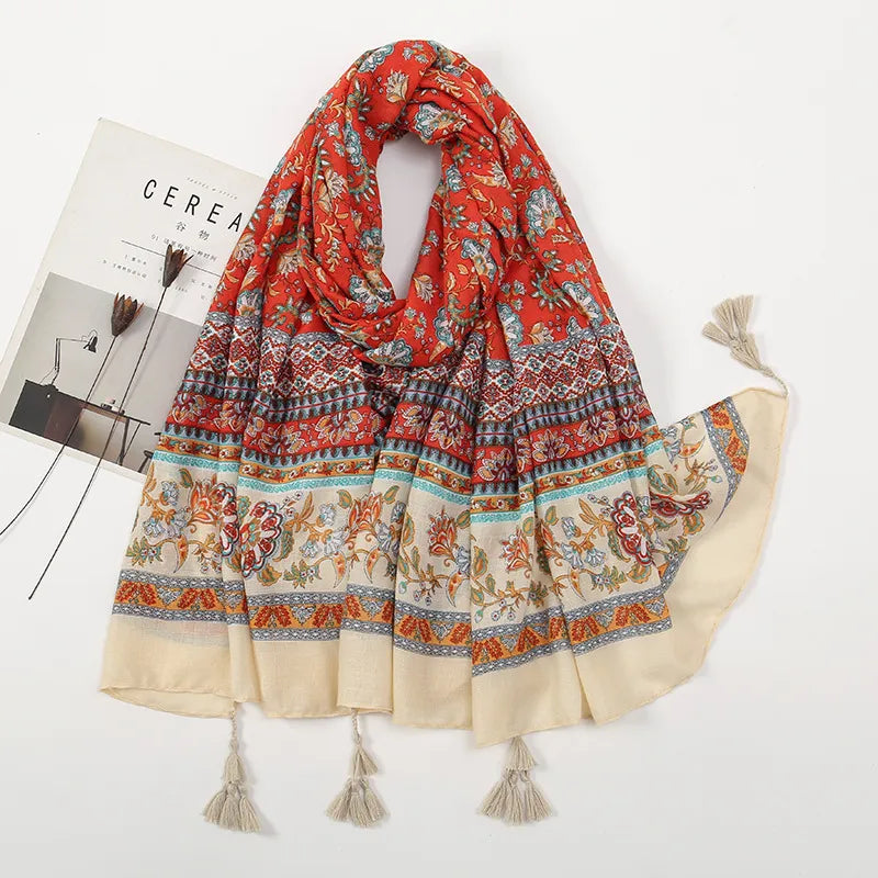 women's retro color block polyester printing scarf