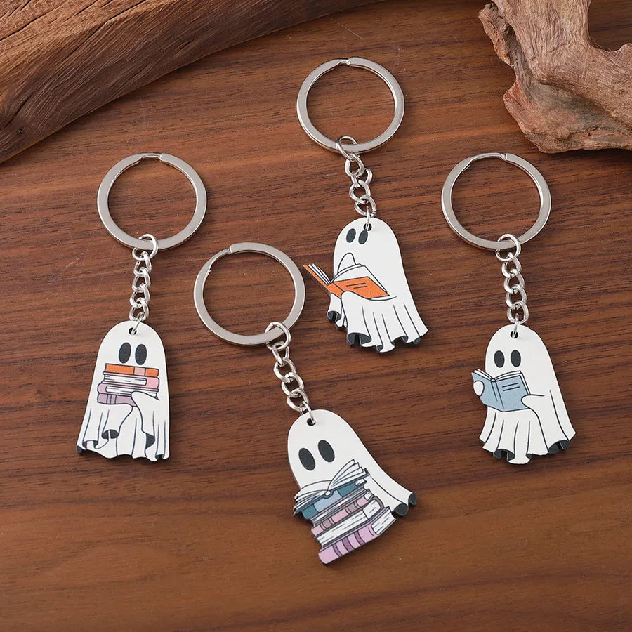 Wooden Halloween Ghost Keychain Pendants Cartoon Style Book Theme Hanging Ornaments Gifts For Party Decorations