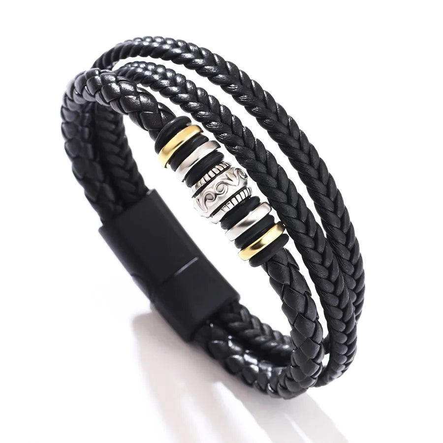 supply leather bracelet laser magnetic buckle bracelet multi-layer woven PU leather bracelet men's  High sense