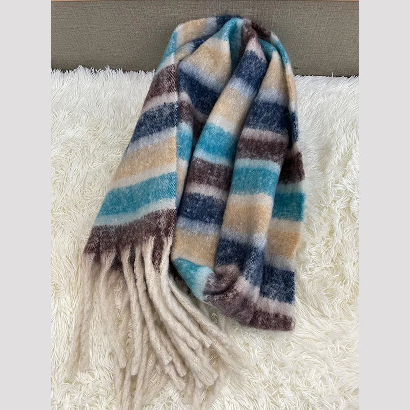 women's fashion stripe polyester tassel winter scarves