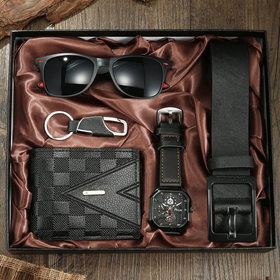 Business Color Block Folding Buckle Quartz Men's Watches Gift Set