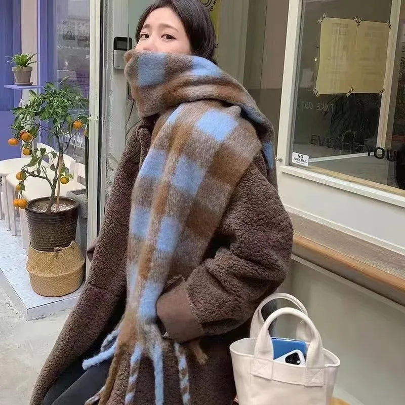 women's streetwear lattice imitation cashmere tassel winter scarves