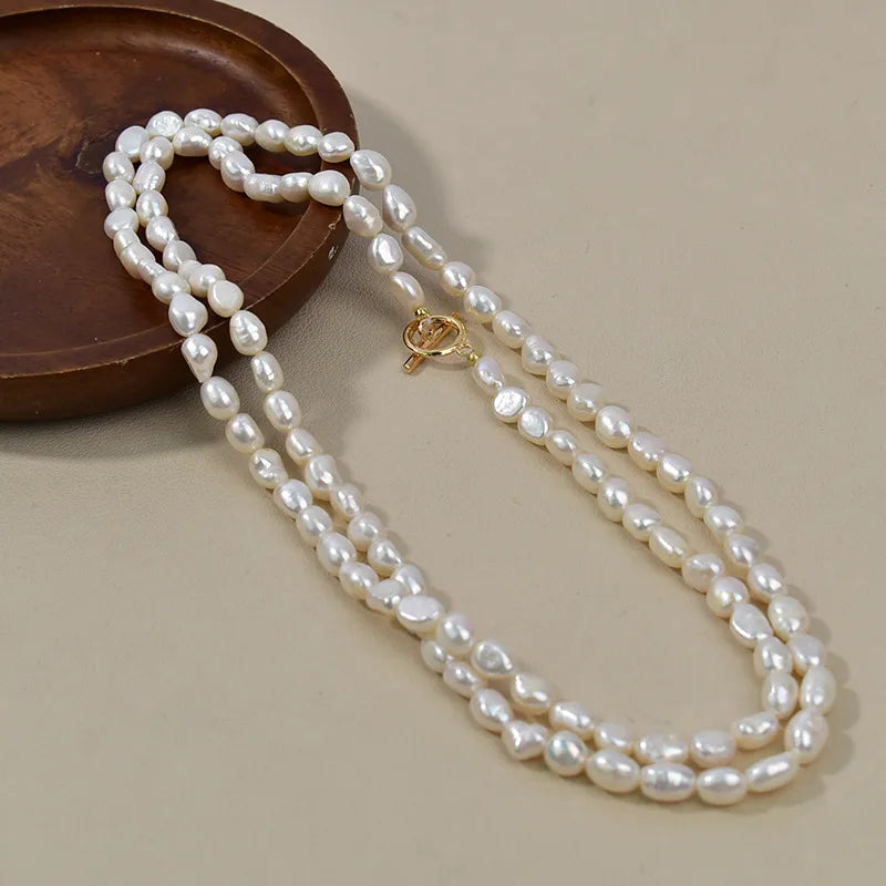 Natural Pearl Necklace Long Casual Women's Fashionable French Vintage Irregular Shape OT Clasp Sweater Chain Jewelry