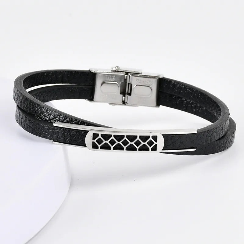 Retro Punk Geometric 201 Stainless Steel Pu Leather Men's wristband Men Cord & Leather Bracelets
