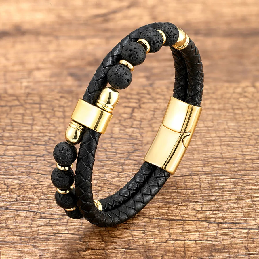 simple style geometric leather rope stone metal handmade metal button unisex bracelets