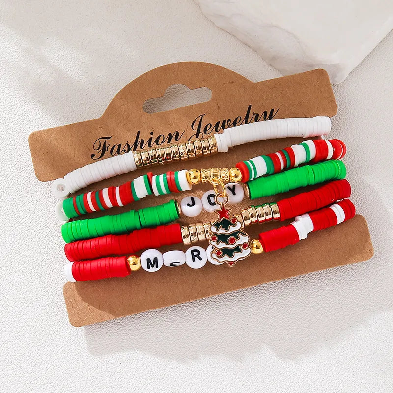 Handmade Christmas Letter Color Block Soft Clay Beaded Bracelet Festival Gift Women's Handmade Wristband Geometric Pattern