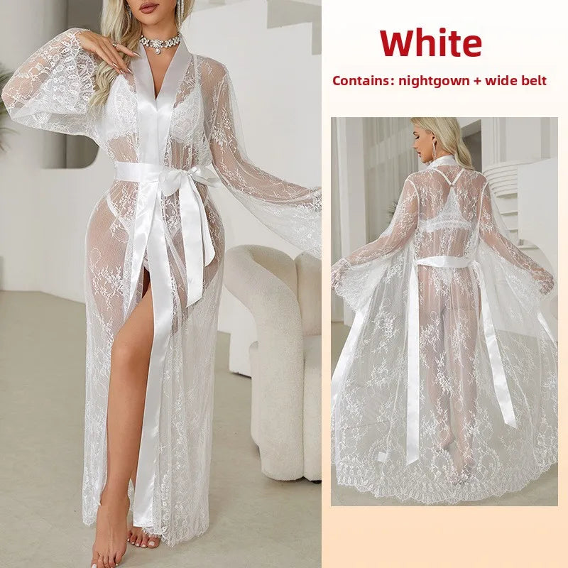 Sexy Lace Trim See Through Robe Women's Outerwear Nightgown Home Clothes V Neck Summer Spring Autumn Casual Breathable Polyester