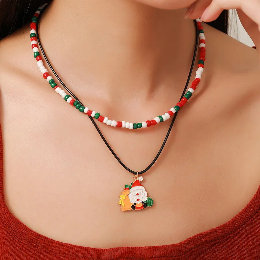 Christmas Themed Double Layered Necklace With Santa Claus Design Glass Beads Clavicle Chain Jewelry Accessory For Unisex Use