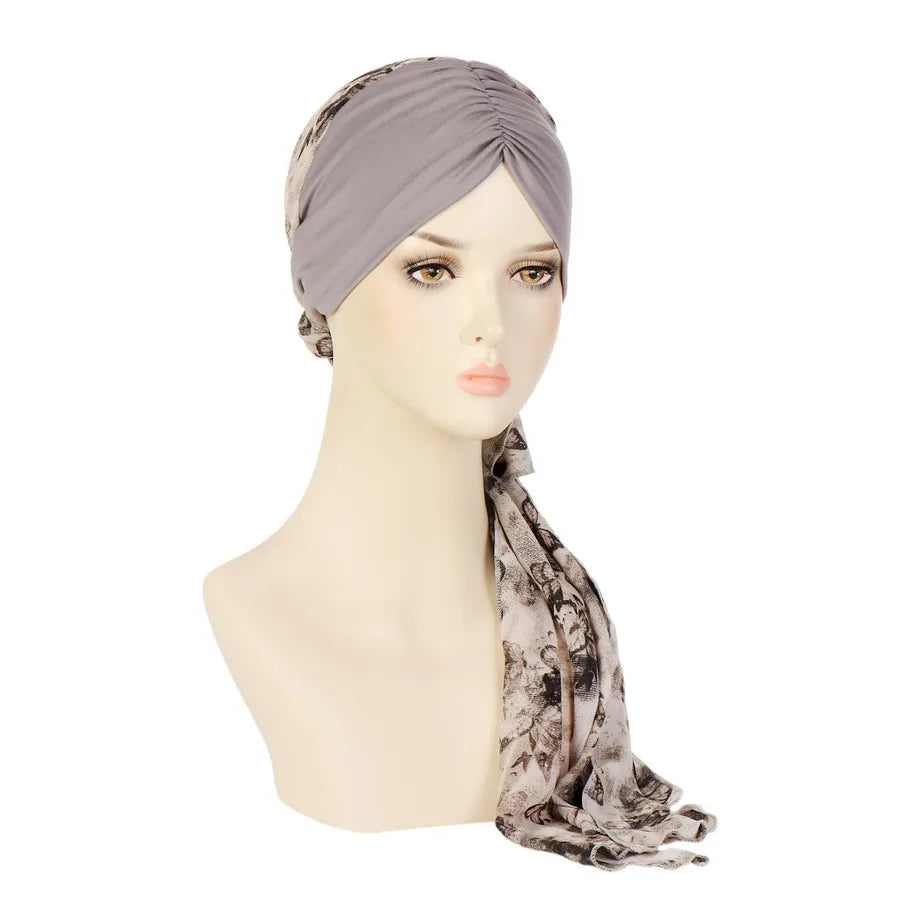 Fashionable Floral Print Chiffon Long Tail Headscarf Hat Women's Head Wrap Cap Winter Summer Spring Seasonal All-Match Hat