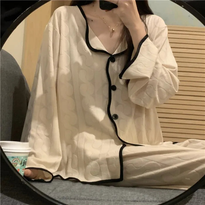 Spring Autumn Women's Long Sleeve Thin Casual Comfortable Home Clothes Set Polyester Milk Silk Medium Weight Sleepwear