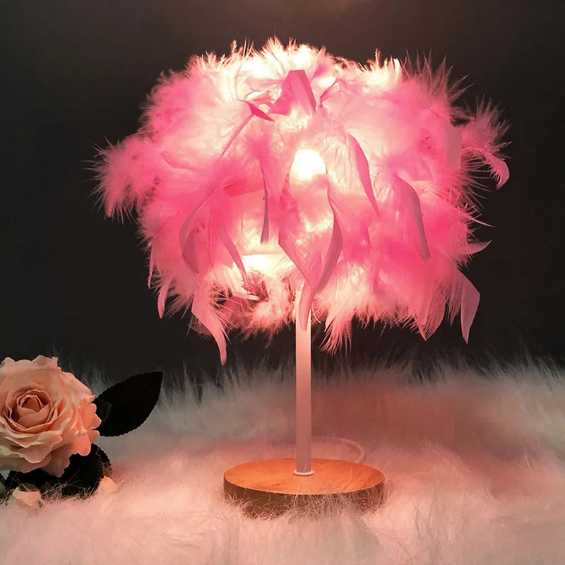 Nordic Creative Feather Lamp Luxury Minimalist Bedroom Decor Girls Heart Bedside Lamp Night Light Plug-In Power Supply Decoration