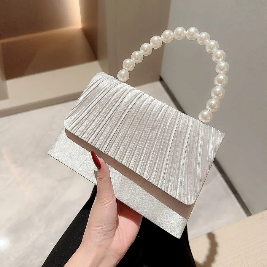New satin evening bag pearl string handbag dress evening bag elegant pleated flap bag socialite small square bag