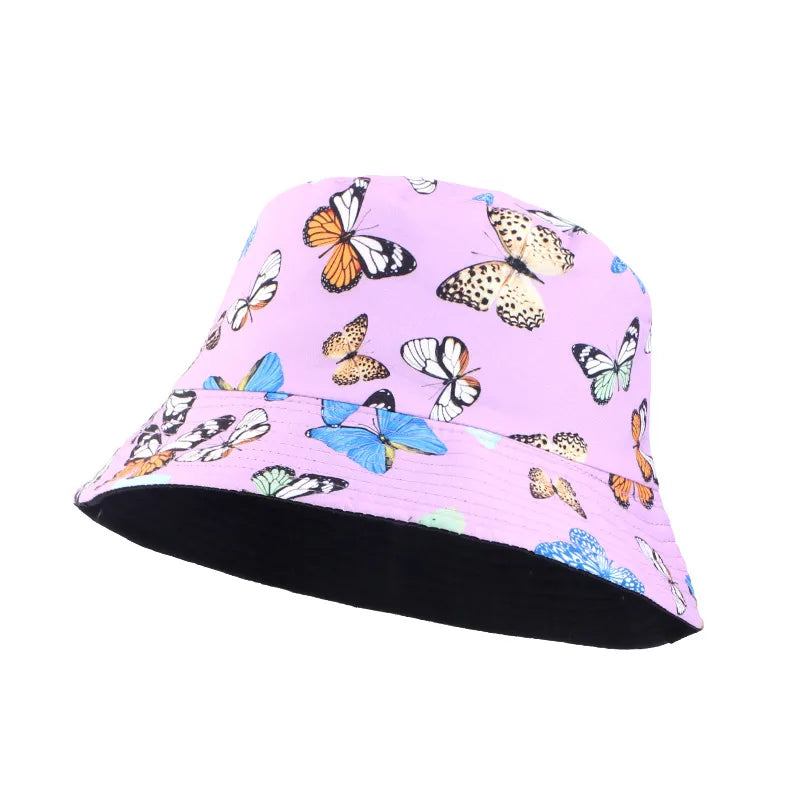 Double-Sided Wear Fisherman Hat Outdoor Travel Sunshade Cap Printed Bucket Hat Flat Top Hat Casual Elegant Women Style Summer Hat