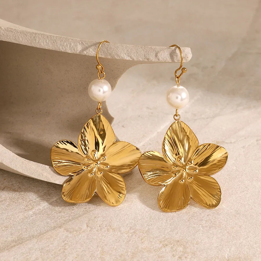 1 Pair Sweet Artistic Flower 304 Stainless Steel Drop Earrings