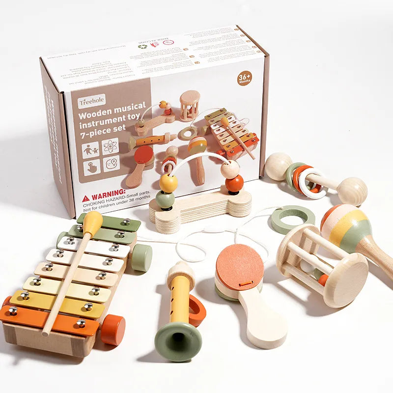 Wooden Rattles Set Baby Early Education Intelligence Training Toys Gripping Practice Orff Instruments Soothing Playthings