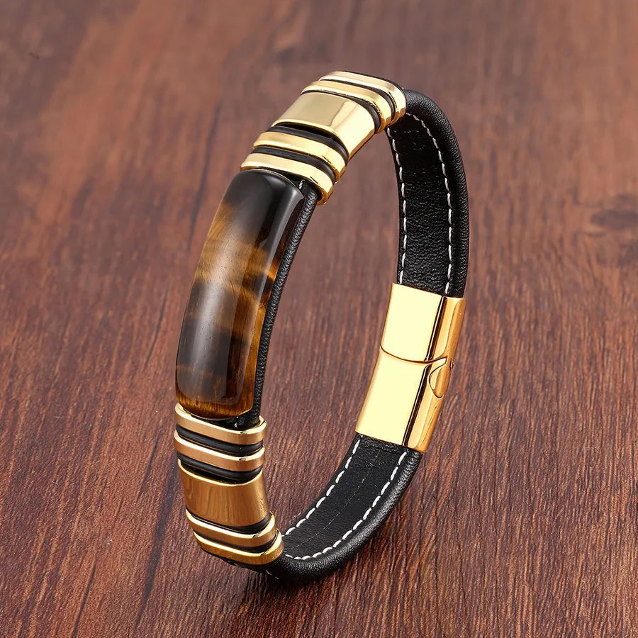 hip-hop punk rectangle pu leather stone metal handmade metal button men's bracelets