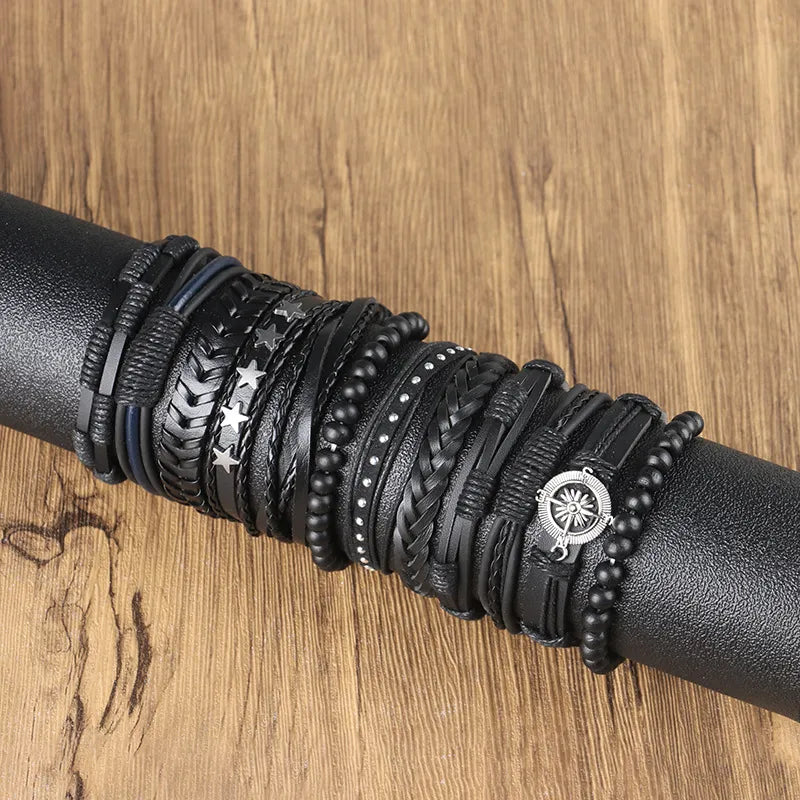 Retro Solid Color Pu Leather Knitting Men's Bracelets