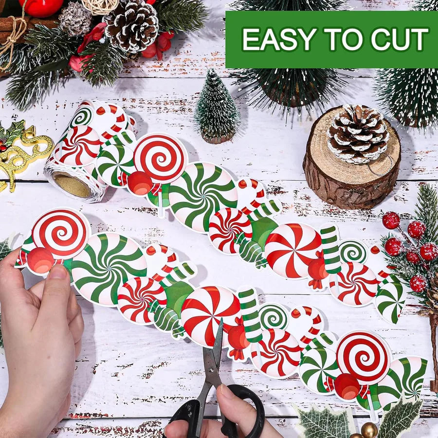 Christmas Candy Mint Announcement Board Frame Self Adhesive Decorative Sticker Green Red Candy Cane Roll Copperplate Paper
